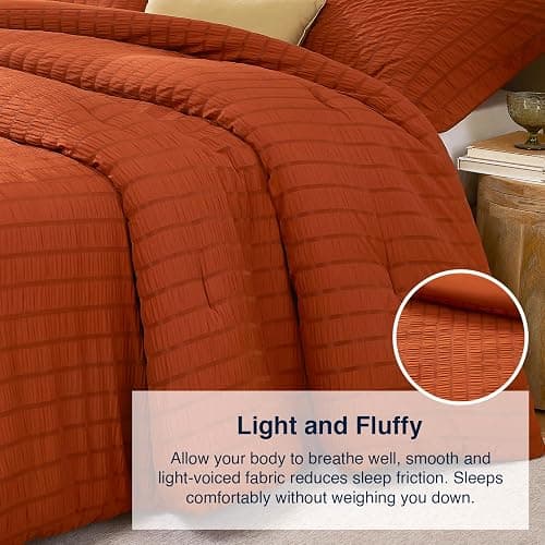 Quataly Queen Comforter Set Seersucker Lightweight Bed Set for All Season | 3PCS Burnt Orange Terracotta Bedding Set with 1 Elegant Comforter (90"x90") and 2 Soft Pillowcases (20"x30") thumbnail 5
