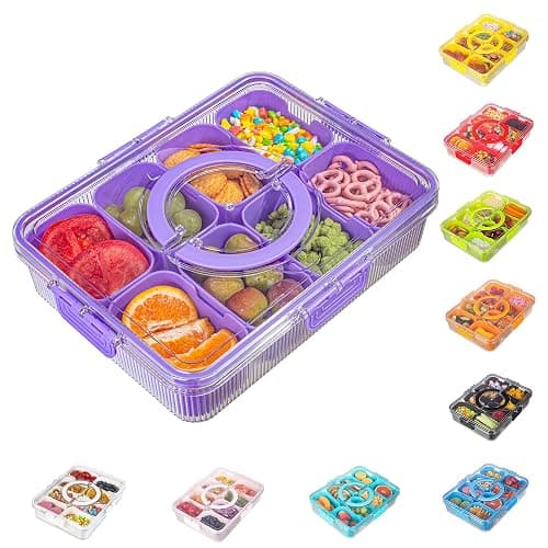 FEIOOD Patent Design Ribbed Snackle Box Container Divided Serving Tray with Lid and Handle -Charcuterie Container Portable Storage Organizer for Candy, Fruit, Beach, Picnics（1 pcs, Purple - Image 1