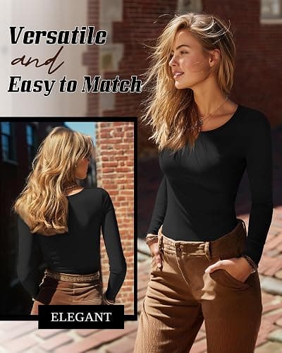 Riyiper 3 Pack Women's Long Sleeve Shirts Scoop Neck Tight Slim Fit Tops Casual Stretchy Basic Tee Layer Undershirts thumbnail 2