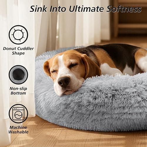JOLLYVOGUE Small Dog & Cat Beds for Indoor Cats, Donut Cuddler Warming Soft Dog Beds with Anti-Slip Bottom, Round Calming Fluffy Plush Faux Fur Cushion Bed for Small Medium Dogs (20", Smoke Grey) thumbnail 2