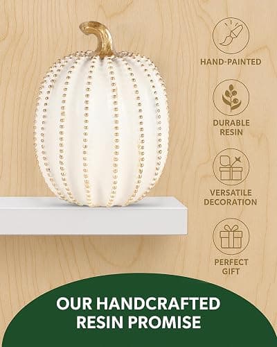 GoGnome Set of 2 White & Gold Decorative Pumpkins – Resin Fall Harvest Table Centerpiece, Elegant Autumn Décor for Thanksgiving Decoration Farmhouse Home (White) thumbnail 4