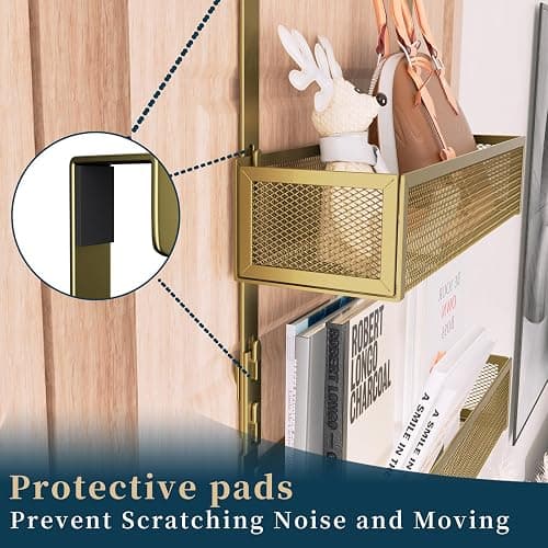 Consumest Over The Door Hooks Organizer - 3 Tier Door Hanger with 9 Coat Hooks & 2 Mesh Basket, Back Storage Organizer Hanging Towels for Bathroom, Bedroom, Gold thumbnail 5