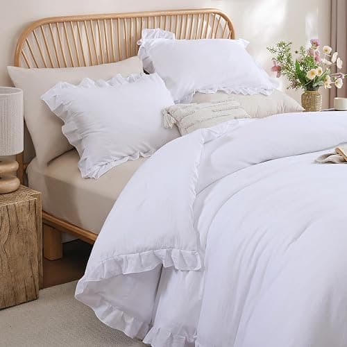 JANZAA Twin Comforter Set White Comforter Ruffled Comforter Set Soft Twin Size Bed Set Vintage Farmhouse Bed Comforter Set Fluffy Shabby Chic Bedding with 1 Pillowcase thumbnail 4