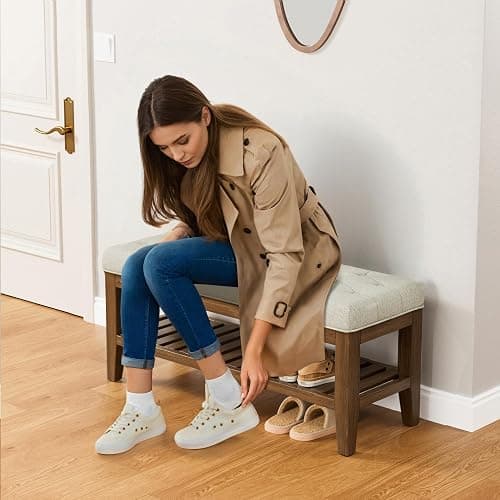 YaFiti End of Bed Storage Bench, 42.9" Entryway Shoe Bench with Solid Wood Shelf, Upholstered Ottoman with Padded Seat for Bedroom, Hallway and Living Room, Beige thumbnail 3