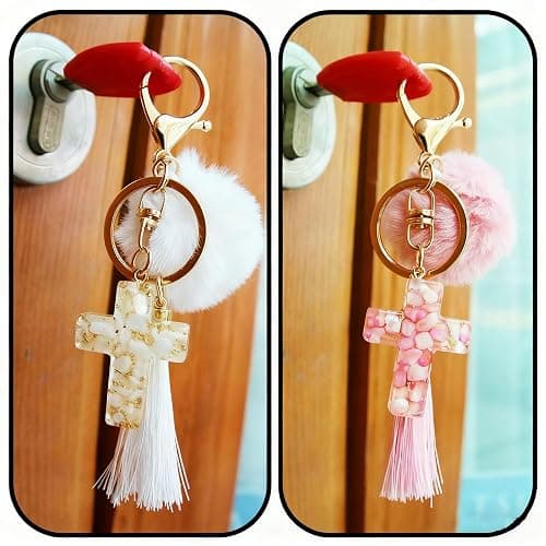 Tinsparkwin 2Packs Cross Pom Pom Keychains Christian Keyring Tassels Plush Resin Jesus Key Chain Bag Charm Phone Key thumbnail 2