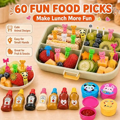 WXOIEOD 72 Pack Lunch Box Accessories, Including Mini Ketchup Bottle Bear Shaped Condiment Squeeze Bottles Small Sauce Containers Animal Food Picks for Travel Bento Box Picnic thumbnail 6