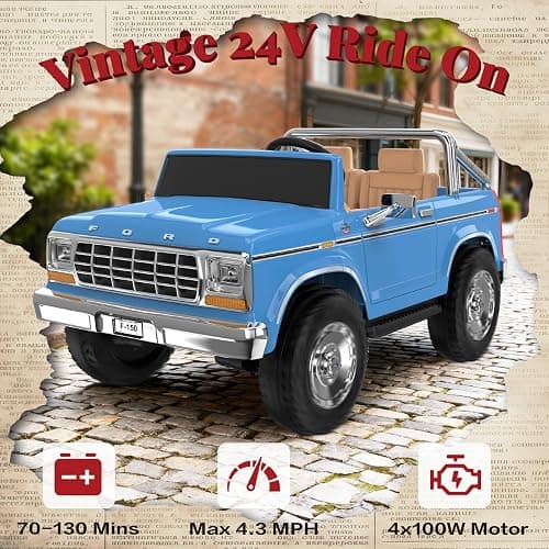 ANPABO Licensed Ford F-150 24V 2 Seater Ride on Car for Kids, Blue | Retro all-terrain 24v ride on toys for ages 3-8 w/parent remote, 4x100w motors, 3 speeds, large storage trunk & music player thumbnail 3