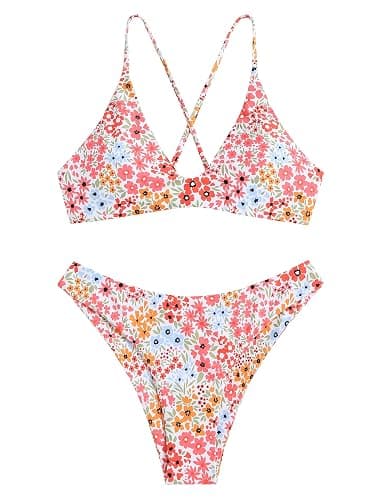 ZAFUL Women's Tie Back Padded High Cut Bralette Bikini Set Two Piece Swimsuit thumbnail 2