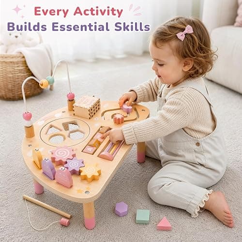 Vanplay Activity Table for 1 Year Old Girls Gifts, Montessori Busy Board Toys for Toddler 1-3, 8 in 1 Wooden Sensory Learning Activities Game for 1 2 3 Year Old Baby Girl Christmas Birthday Gifts thumbnail 2