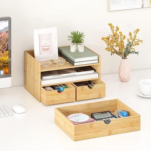 Wisuce Bamboo Desk Organizer - Mini Bamboo Desk Drawer Tabletop Cosmetic Storage Organization for Office or Home (Nature 3 Drawers) thumbnail 2