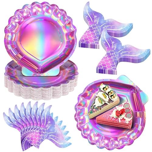 Qeeenar 100 Pcs Mermaid Party Supplies Iridescent Pink Mermaid Plates and Napkins Paper Seashell Plates Tail Napkins Party Decorations for Birthday Baby Shower - Image 1