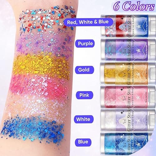 AROIC 6Pcs Body Glitter Stick, Sparkly Mermaid Face Glitter Makeup for Kids | Waterproof Rave Outfits Accessories for Women, Holographic Sequins Hair Glitter for Festival Singer Party Concert Cosplay thumbnail 2
