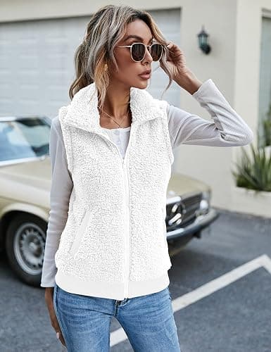 LOMON Womens Fuzzy Fleece Vest, Casual Warm Sleeveless Zip Up Sherpa Vest Jacket with Pockets for Fall/Winter thumbnail 2