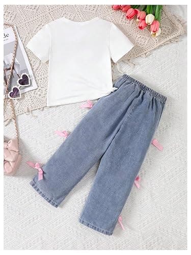 BEAUDRM Girl's 2 Piece Bow Print Outfits Cute Short Sleeve Crewneck T Shirts and Denim Pants Summer Clothing Sets - 12Y - White and Blue thumbnail 2