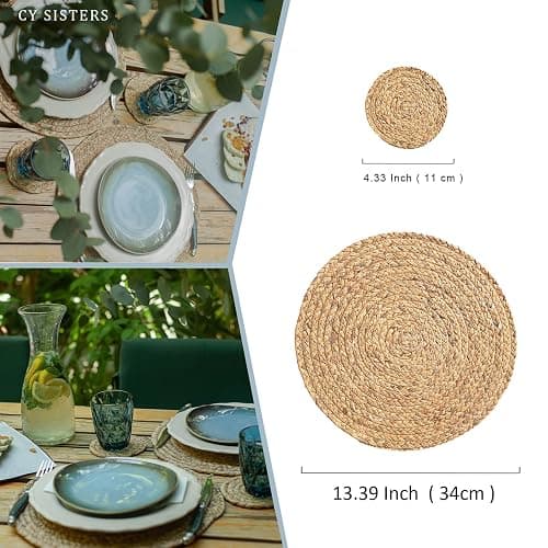 CY SISTERS Woven Placemats Round Placemats Set of 6, 13.5 Inch Wicker Placemat Circle Rattan Placemats Farmhouse Boho Braided Natural Water Hyacinth Place Mats for Indoor & Outdoor Table Decor thumbnail 4