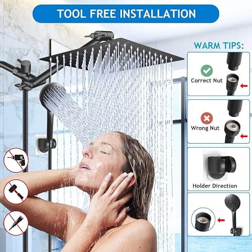 Shower Head Combo,10 Inch High Pressure Rain Shower Head with 11 Inch Adjustable Extension Arm and 5 Settings Handheld Powerful Shower Spray Against Low Pressure Water - Matte Black thumbnail 6