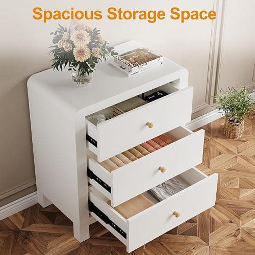 RoyalCraft 3 Drawer Dresser, Modern Chest of Drawers with Rounded Table Corners, Wooden Closet Dresser Nightstand Side Table with Ample Storage Space for Bedroom, Living Room, Entryway, White - White thumbnail 6