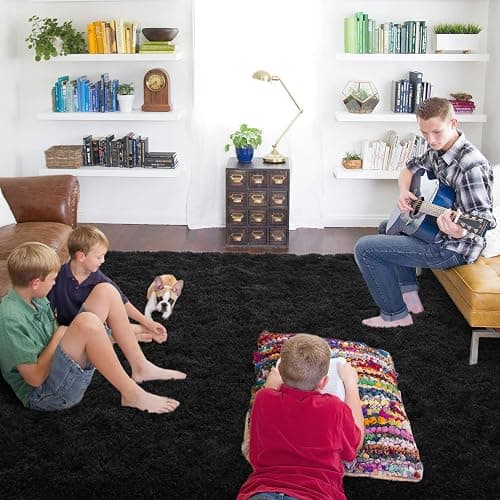 ISEAU Black Rug Super Soft Shaggy 4x6 Feet Rugs for Bedroom, Fluffy Area Rug for Living Room Floor Rug, Fuzzy and Comfy Carpet Nursery Shag Rug for Kids Boys Room Decor - 4' x 6' (Rectangular) - Black thumbnail 2