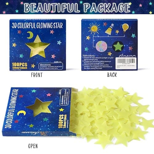 AM AMAONM 100 Pcs Yellow Glow in The Dark Luminous Stars Fluorescent Noctilucent Plastic Wall Stickers Murals Decals for Home Art Decor Ceiling Wall Decorate Kids Babys Bedroom Room Decorations thumbnail 3