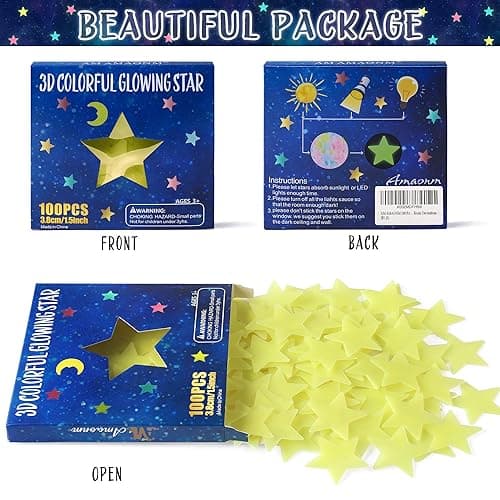AM AMAONM 100 Pcs Yellow Glow in The Dark Luminous Stars Fluorescent Noctilucent Plastic Wall Stickers Murals Decals for Home Art Decor Ceiling Wall Decorate Kids Babys Bedroom Room Decorations - Yellow thumbnail 2