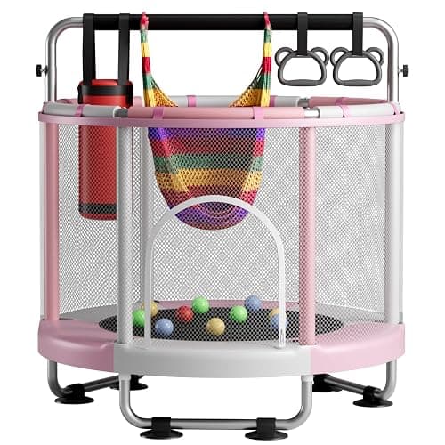 ZCMHAXJ 55" Trampoline for Kids with Enclosure, 440lbs Capacity Indoor & Outdoor Toddler Trampoline with Adjustable Gymnastics Bar & Toys, for Boys & Girls - Pink - Image 1