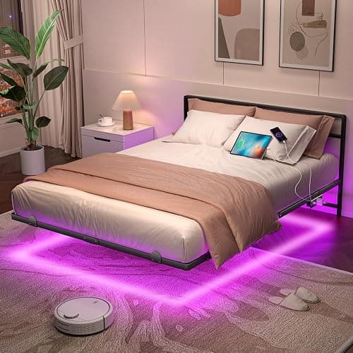 Full Floating Bed Frame with Headboard, Modern Platform Bed Frame with LED Lights and USB Charging Station, Sturdy Metal Bed Frame for Adults, No Box Spring Needed, Easy Assembly, Noise Free Design - Image 1
