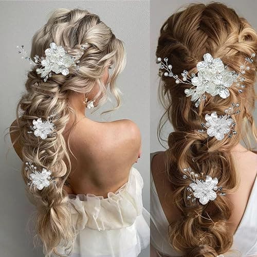 3 PCS Large Flower Bridal Wedding Hair Pins Crystal Pearl Hair Clips Headpiece Bride Hair Accessories Jewelry with Rhinestone, Glitter Emboss White Flower thumbnail 3