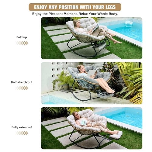 Oversized Rocking Chair with Foot Rest & Ottoman, Outdoor Reading Chair, Comfy Rocking Chair for Patio Porch Balcony, Cozy Indoor Reading Nook Chair, Chaise Lounge Chair Indoor, Big Comfy Chair, Beige thumbnail 3