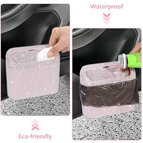 Accmor Bling Car Trash Can with Lid, Leakproof Mini Vehicle Trash Bin Automotive Dustbin Organizer Storage, Sparkling Crystal Rhinestone Trash Bag Container with 30pcs Garbage Bags Car Accessories thumbnail 5