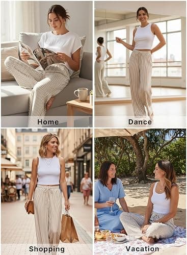 Acelitt Women Casual Drawstring Elastic Waist Striped Wide Leg Pants with Pockets, S-XXL thumbnail 2