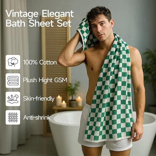 REDKISS Green Checkered Bath Towels Set - 2 Piece Large Shower Towels for Bathroom Decoration, Highly Absorbent Cotton Bath Towel of 2, Cute Checkered Shower Retro Towel for Bathroom thumbnail 7