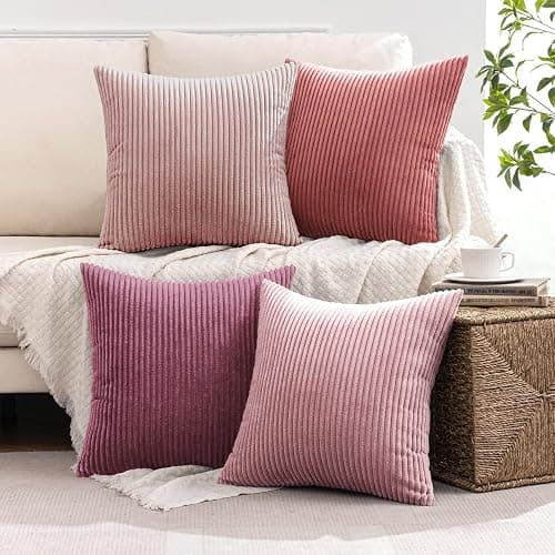 MIULEE Soft Corduroy Decorative Throw Pillow Covers Purple Pink 18x18 | Set of 4, Shabby Chic Romantic Decor, Pink Gradient Matching, Boho Farmhouse Cushion Covers for Couch Bed Sofa Living Room thumbnail 2