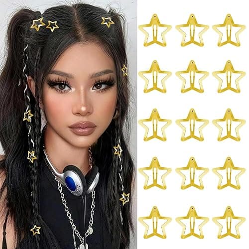 SAOROPEB Star Hair Clips 2000s Y2K Hair Accessories-15 PCS 1.57"-Gold | Snap Hair Barrettes Non Slip Star Metal Hair Clips for Girls Women - Image 1