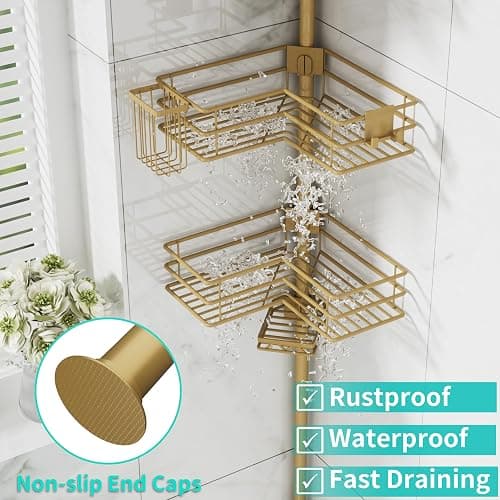 HapiRm Corner Shower Caddy Organizer - Shower Organizer Corner with Soap Holder, Toothbrush Holder and 4 Hooks, Rustproof Bathroom Shelf Tension Pole Available for 27.6 to 108.3 Inch - Gold thumbnail 6