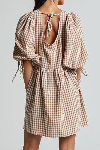 PINUPART Women's Gingham Puff Sleeve Tie Front Babydoll Mini Dress thumbnail 2