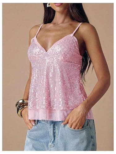 MakeMeChic Women's Sequin Sparkly Flowy Tank Top Babydoll Going Out Tops | Peplum Tops, Sleeveless, Spaghetti Strap, Y2K, Concert Outfit, Party, Club thumbnail 2