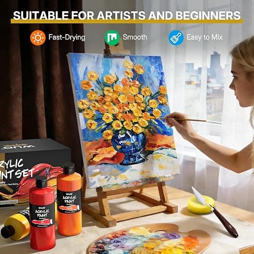 WUO 24 Colors Professional Acrylic Paint Set, 250ml/8.45oz, Large Bulk Rich Pigment Acrylic Paint, Non-Toxic Multi Surface Art Supplies for Artists Adults Beginners on Canvas Wood Fabric Rock Crafts thumbnail 2