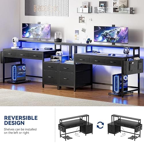 REAHOME 61 Inch Gaming Desk with Charging Station and LED Lights, Reversible Computer Desk with Storage Drawer and Monitor Stand, Modern Desk Table with File Cabinet & Side Pocket, Carbon Fiber Black thumbnail 9