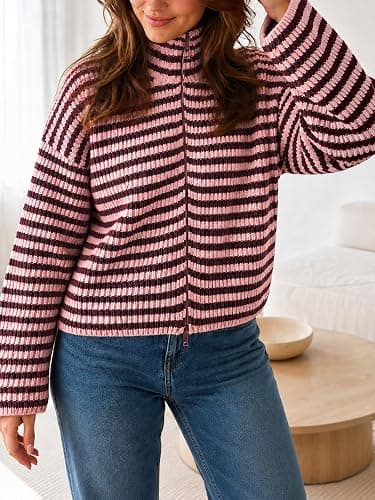 Saodimallsu Womens Striped Zip Up Sweaters Mock Neck 2026 Fall Trendy Casual Long Sleeve Loose Fit Knit Cardigan Tops thumbnail 3