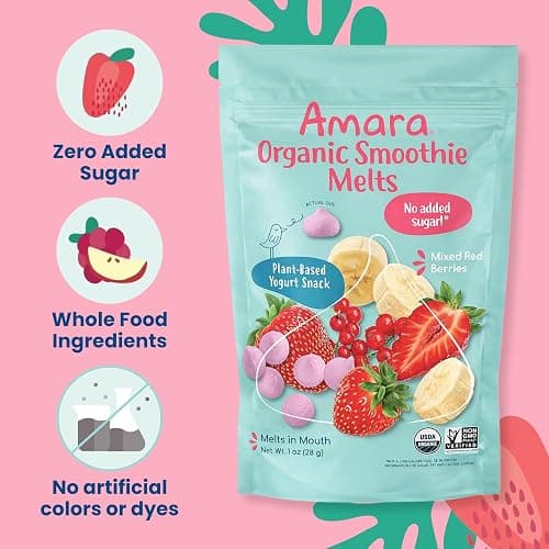 Amara Smoothie Melts - Mixed Red Berries - Baby Snacks Made With Fruits and Vegetables - Healthy Toddler Snacks For Your Kids Lunch Box - Organic Plant Based Yogurt Melts - 6 Resealable Bags thumbnail 5
