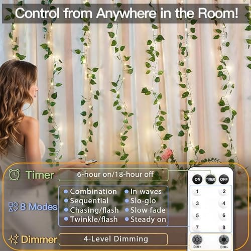 suddus 200 LED Vine with Light Plug in, 6.5ft x 6.5ft Pothos Fairy Curtain Lights with Remote, Leaf Fairy Lights for Wall,Bedroom, Dorm, Wedding, Party, Indoor Decor(Warm White) thumbnail 2