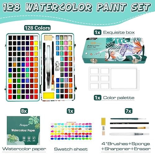 Watercolour Paint Travel Sets with Palette - 128 Art Supplies Water Color Painting Professional Kit for Kids Adults Artists - Portable Metallic Watercolours Mini Box with Major Brushes Watercolor Pens thumbnail 5