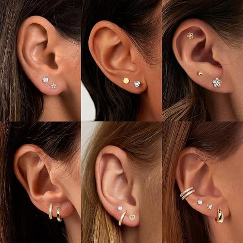 Small Gold Stud Earrings Set for Women - 14K Gold Plated CZ Huggie Hoops Hypoallergenic Earrings Dainty Flower Heart Stud Earrings for Jewelry Gift thumbnail 6