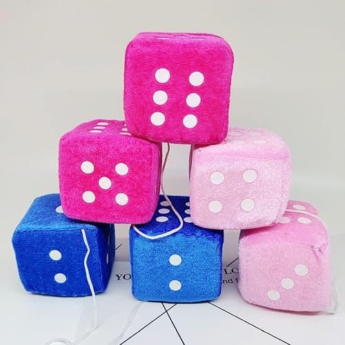 Pair 2.75” Pink with White Dots Mirror Fuzzy Plush Dice, Pink and White Soft Plush Car Decorative Hanging,Retro Square Decoration Dice for Car Hanging Accessories thumbnail 7