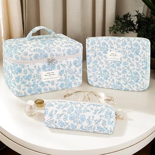 Givurao 3Pcs Cotton Quilted Makeup Bag for Women Girls, Large Floral Cosmetic Bag Set Cute Makeup Brushes Aesthetic Accessories Storage Bag Travel Toiletry Bag Organizer, Little Flower Blue thumbnail 5