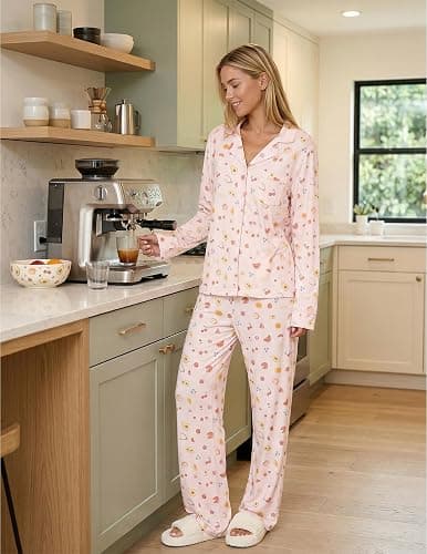 Womens 2 Piece Fruit Pajamas Set Cute Pjs Y2K Coquette Fall Sleepwear | Wide Leg Long Sleeve Pocket Button Down Lounge Set thumbnail 6