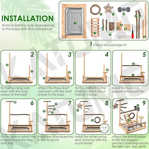 KATUMO Bird Playground - Natural Wooden Perches Parakeet Ladder Conure Swing Bird Cage Accessories with Removable Tray & 2 Stainless Steel Cups thumbnail 6