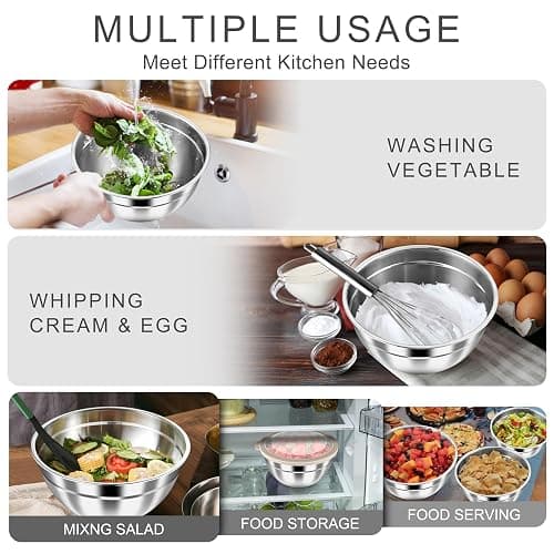 HaWare Mixing Bowls with Clear Airtight Lids, Stainless Steel Nesting Bowls | 6-Piece Metal Salad Bowl for Cooking, Prepping, Baking, Serving & Food Storage, Size 4.6, 3, 1.5QT, Khaki thumbnail 7