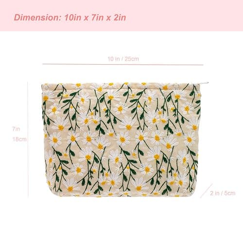 Makeup Bags for Purse Zipper Cosmetic Pouch Large Travel Canvas Make Up Organizer Tool Pouch for Women and Girls,Daisy White thumbnail 3