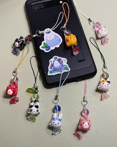Agromusk Cat Phone Charms,Cute Lucky Kitty Beaded with Flower Phone Strap,Kawaii Y2K Bag Decor Aesthetic Cat Charm Accessories thumbnail 5